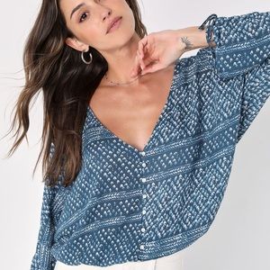 Lulus Carrissa Blue Print Long Sleeve Button Front Top